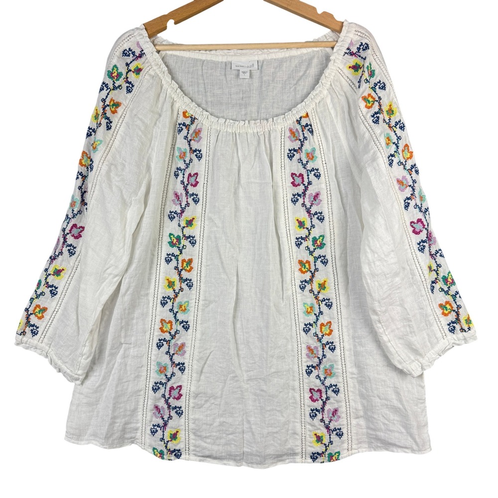 J. Jill Love Linen White Floral Embroidered Boho Peasant Blouse Large 123631